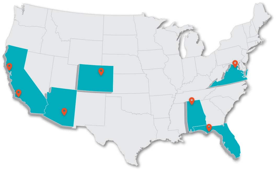 Arete corporate locations highlighted on a united states map